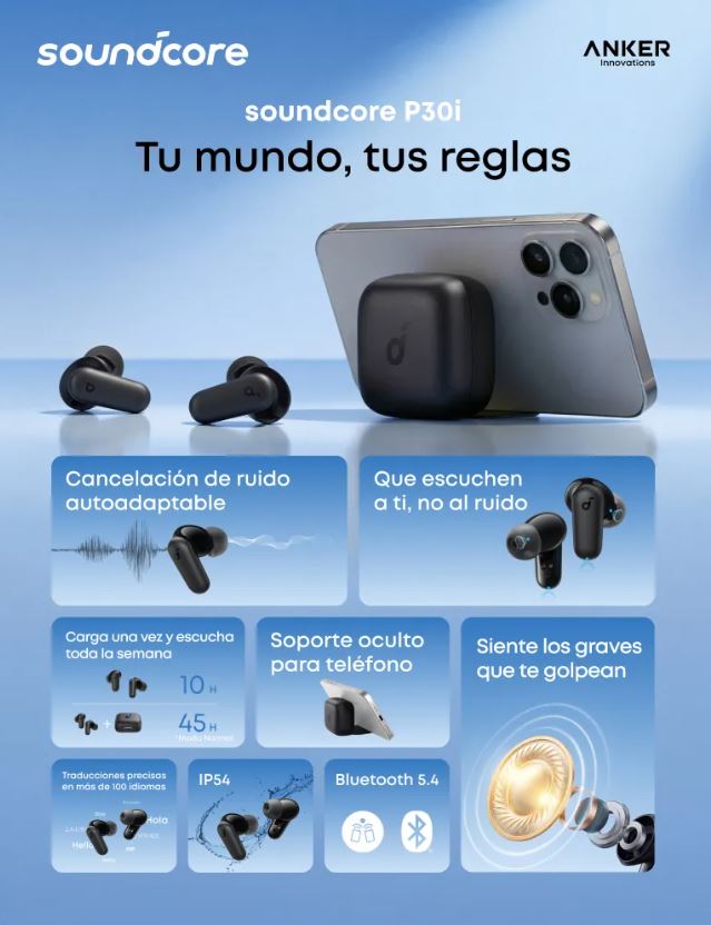 Audífonos Bluetooth Soundcore Anker P30i con ANC | Audio Hi-Res y Hasta 45 Horas de Batería | Chile