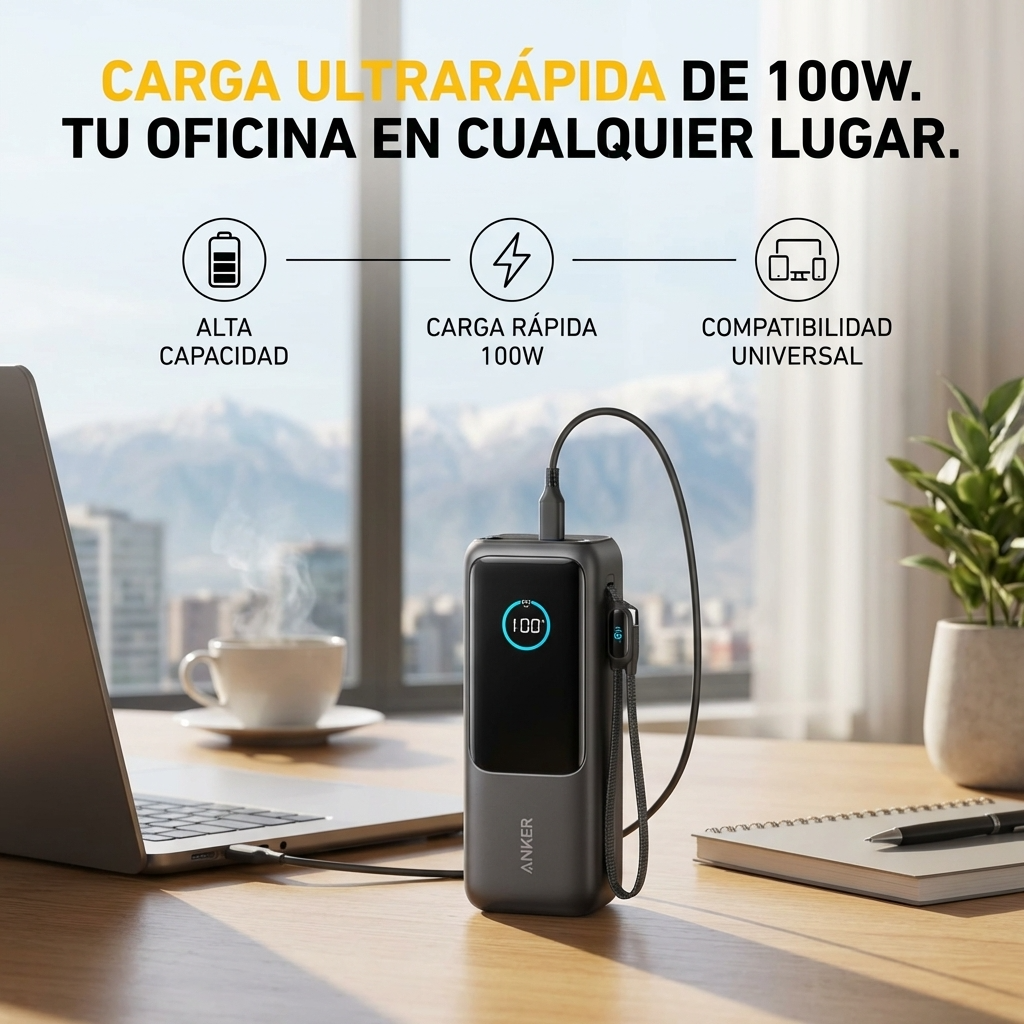 Power Bank Anker 25000mAh 100W con USB-C | Carga Rápida para Laptop, Tablet y Celular | Chile