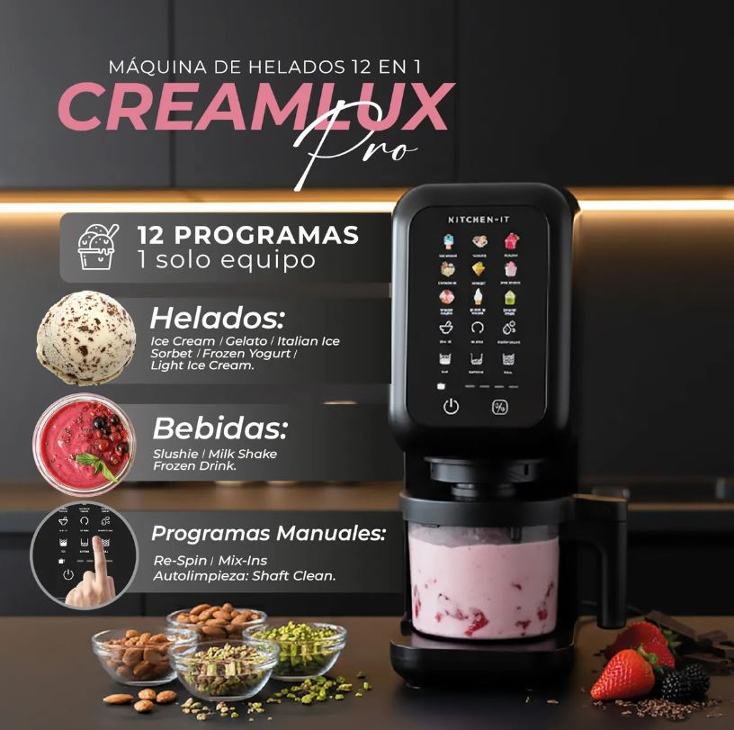 Máquina de Helados Creamlux Pro 12 en 1 | Postres Fríos y Preparaciones Caseras para Hogar | Chile