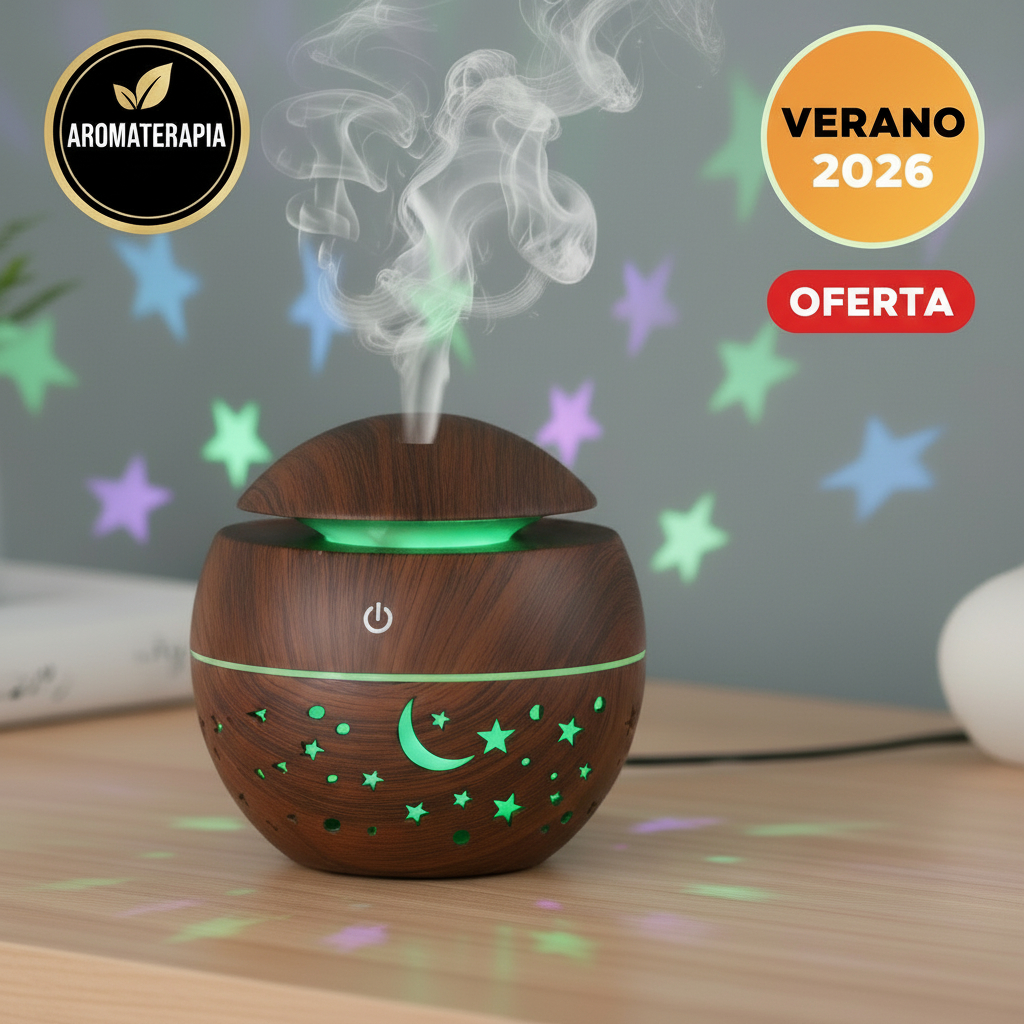 Difusor Humidificador Estrella-Luna con Luz LED – Aromaterapia, USB, Ideal para Dormitorios y Niños