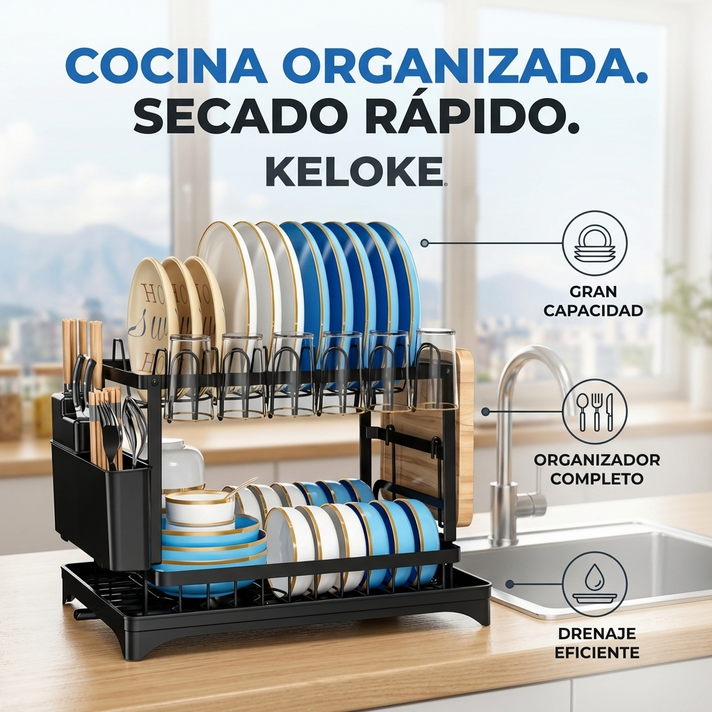 Secaplatos Escurridor de Loza 2 Niveles Negro | Organización y Secado para Cocina | Chile