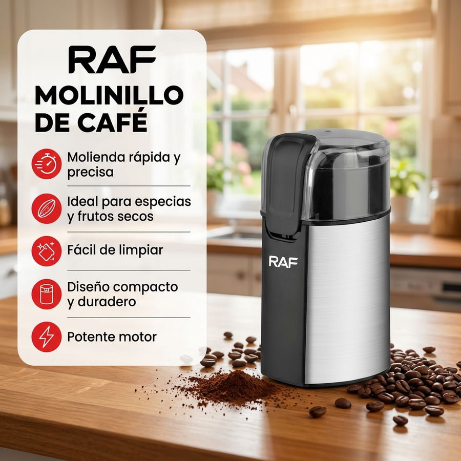 Molinillo Eléctrico RAF R-7130 150W – Acero Inoxidable, Molienda Ajustable, Ideal para Café y Especias