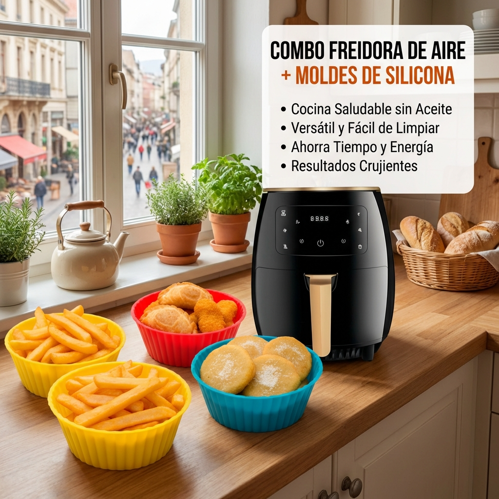 Combo Freidora de Aire 5L + Moldes de Silicona Antiadherentes | Cocina Saludable y Práctica para Hogar | Chile