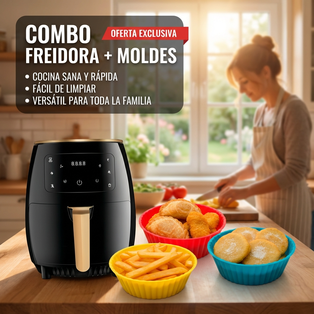 Combo Freidora de Aire 5L + Moldes de Silicona Antiadherentes | Cocina Saludable y Práctica para Hogar | Chile