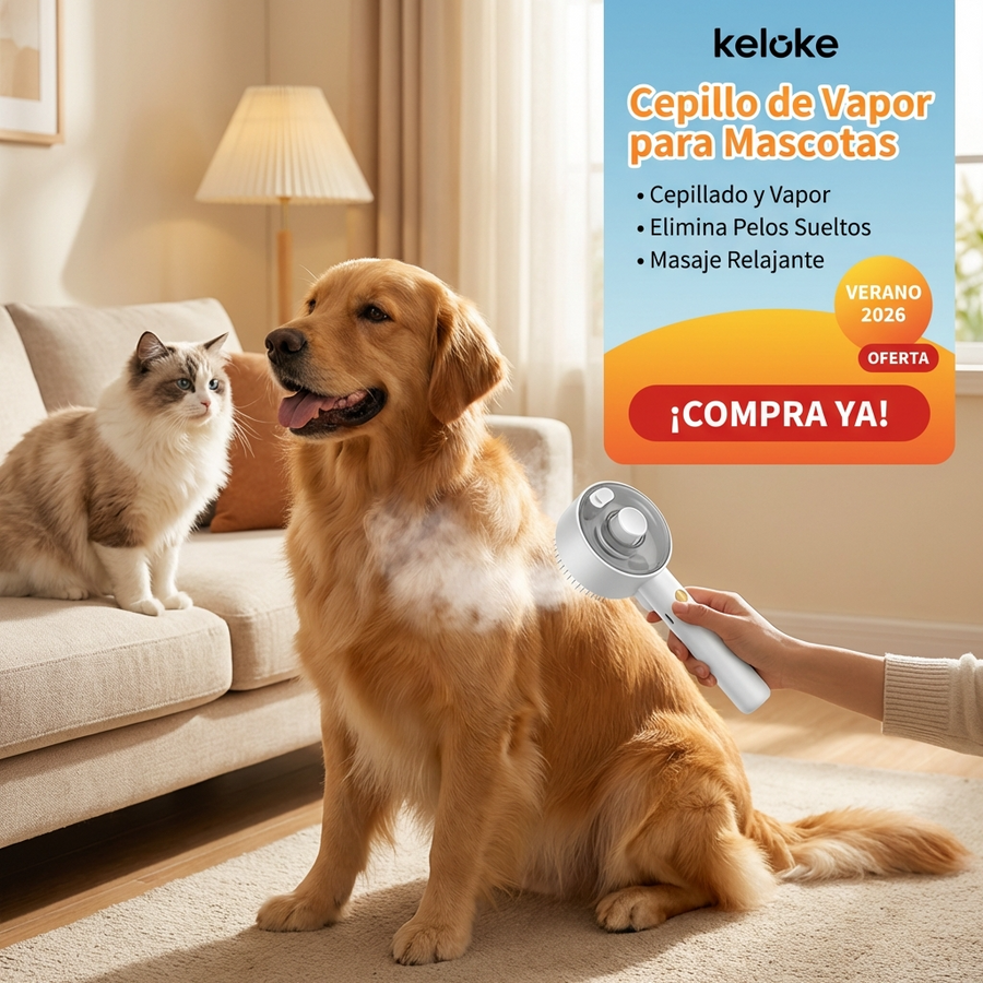 Cepillo de Vapor 4 en 1 para Perros y Gatos - Auto Limpiante, Masaje y Desenredante