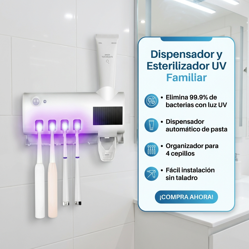 Dispensador Automático de Pasta con Esterilizador UV | Porta Cepillos USB para Baño Ordenado | Chile