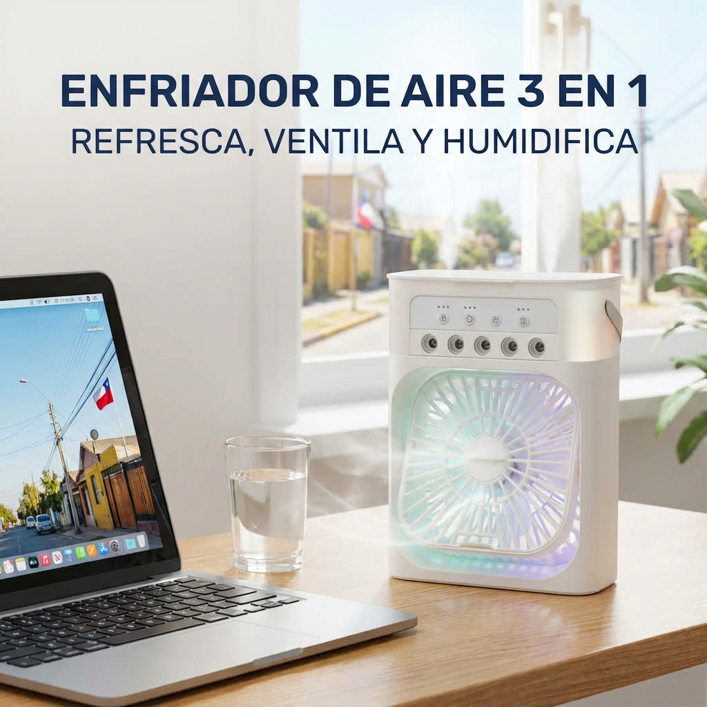 Ventilador Humidificador Portátil 3 en 1 USB con Luz LED | Refresca, Humidifica y Relaja en Hogar y Oficina | Chile