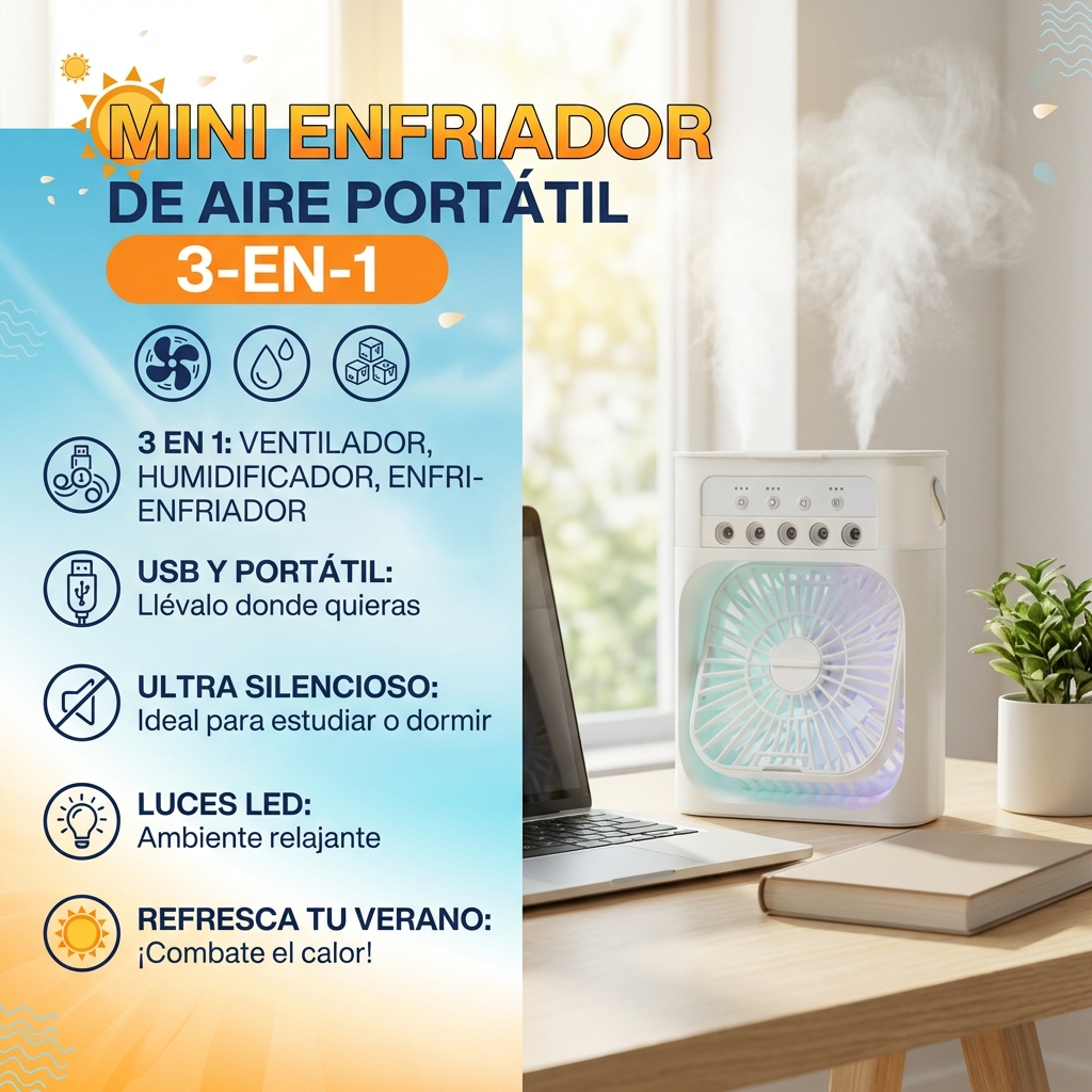 Ventilador Humidificador Portátil 3 en 1 USB con Luz LED | Refresca, Humidifica y Relaja en Hogar y Oficina | Chile