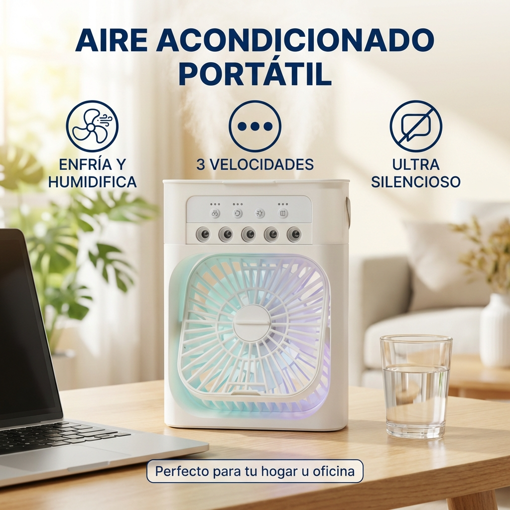 Ventilador Humidificador Portátil 3 en 1 USB con Luz LED | Refresca, Humidifica y Relaja en Hogar y Oficina | Chile