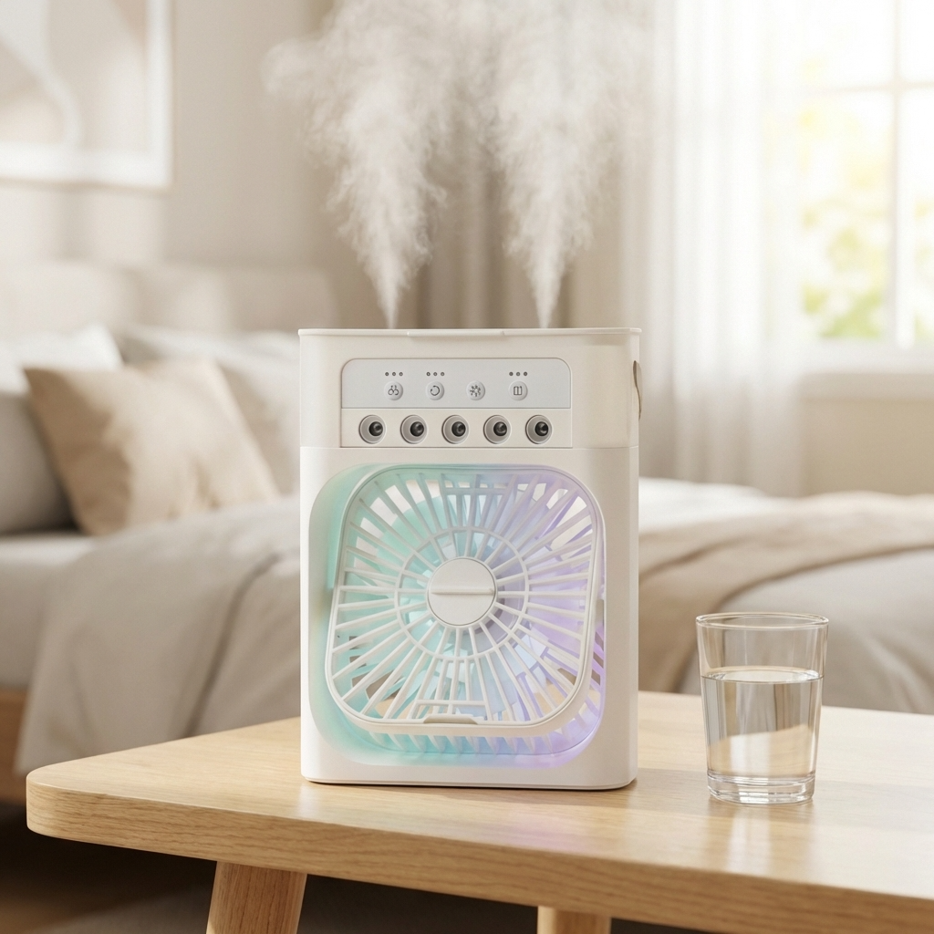 Ventilador Humidificador Portátil 3 en 1 USB con Luz LED | Refresca, Humidifica y Relaja en Hogar y Oficina | Chile